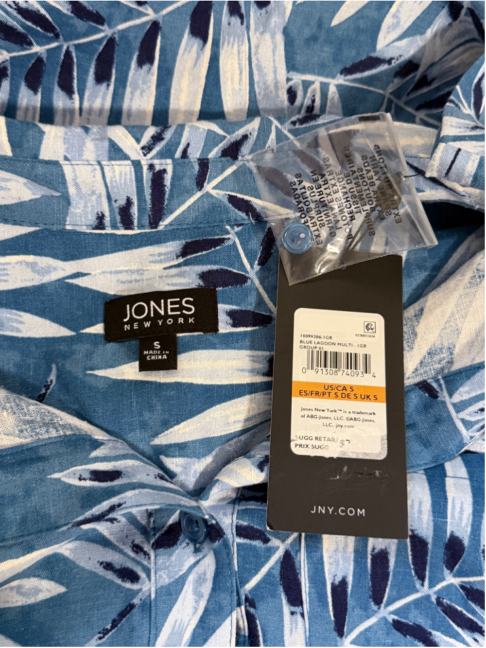 Jones New York Small Button Down Blue Tropical Printed Linen Blend Blouse NWT - Picture 4 of 4